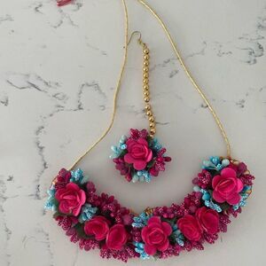Indian baby shower Floral Gold blue and Pink Necklace earrings 10 piece Set